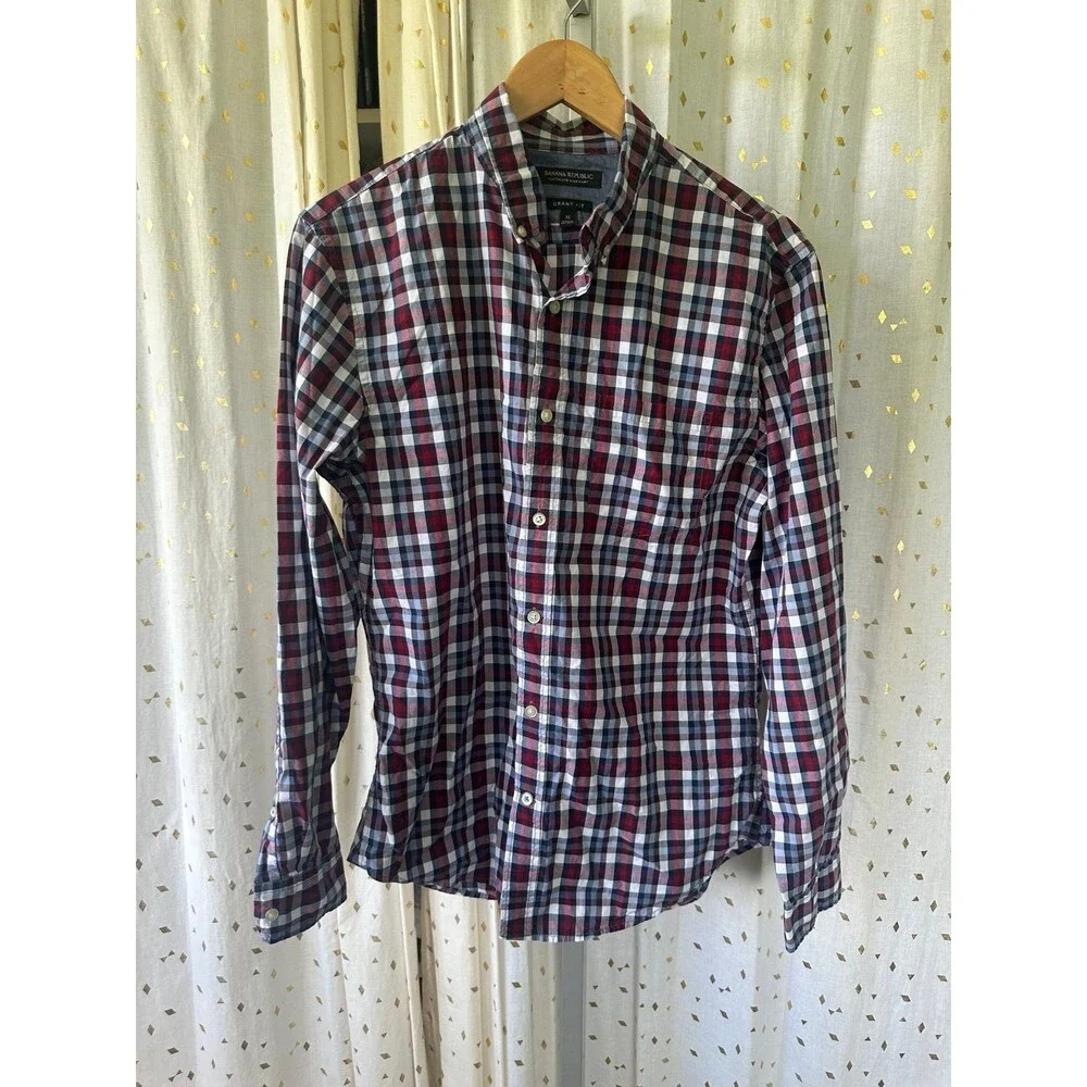 Banana Republic Men's 100% Cotton Plaid Custom 078 Wash Grant Fit Button Shirt M